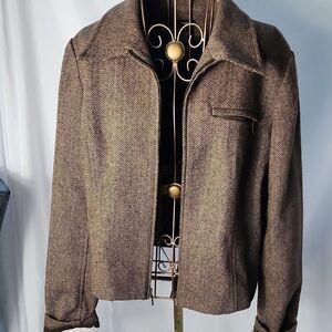 Vtg Boxy Herringbone Wool Blend Cropped Zip Up Blazer Size 10 Chocolate Brown